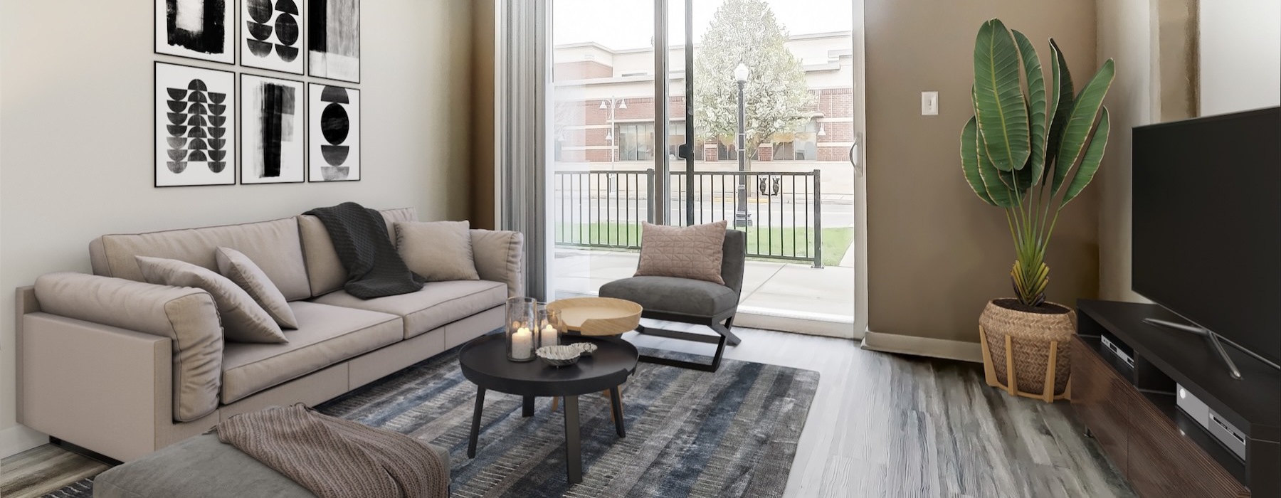 a living room with a couch, chairs, tables and a tv