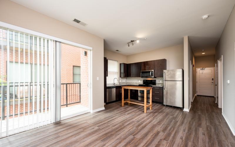 a kitchen with a vinyl flooring